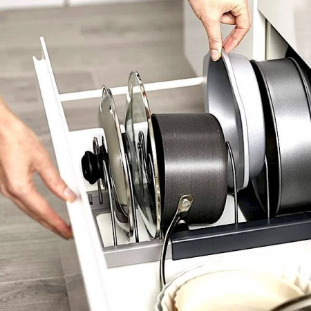 Раздвижной органайзер для посуды, кастрюль, крышек, стойка для хранения на 7 ячеек Раздвижной органайзер для посуды, кастрюль, крышек, стойка для хранения на 7 ячеек